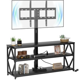 Furmax TV Stand with Mount and Power Outlet, Universal Height Adjustable Swivel TV Stand Mount for Up to 75 Inch TVs, Entertainment Center with Storage Shelves for Living Room, Black