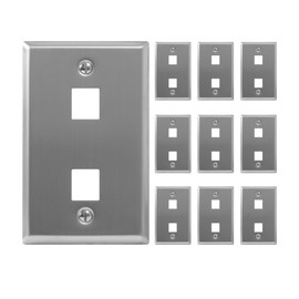 ICC 2-Port Keystone Wall Plate (10 Pack), UL Listed, Stainless Steel, Single Gang Wall Plate for RJ45 Modular Jack and Inserts, Brushed Finish