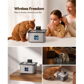 Cat Water Fountain Cordless: [Visual Filter] & [Heavy-Duty Stainless Steel] FEELNEEDY- Premium, Durable Design. 3.2L/108oz, 4000mAh Battery Operated Pet Fountain with Sensor, for Cats and Dogs