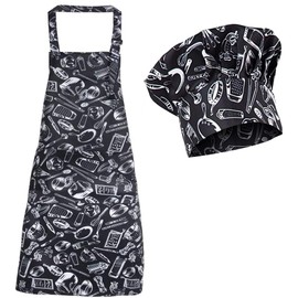 Morwealth Unisex Cooking Apron with Chef Hat Adjustable Chili Pattern Apron with Baker Hat Kitchen Apron for Kitchen, Baking, Crafts, Grtnern and Barbecuing (White and Black)