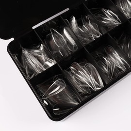 Wellquinn Puntas de uñas cortas de aguja de cobertura completa para uñas acrílicas, puntas de uñas postizas transparentes con caja para salón de manicura y arte de uñas, 360 piezas, 12 tamaños