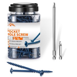 100 PCS #8 x 2-1/2" Blue Coated, Hardened Steel Pocket Hole Screws, No.8 x 2.5 Inch Square Drive Washer Head Wood Screw, 2 Inch & 6 Inch Bit Included, Partially Threaded Self Tapping by TPOHH