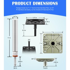 3/4" Boat Seat Pin Post SP-2114 + 7" x 7" Marine Seat Pedestal Base Plate + 1002 Lock'N-Pin 3/4" Seat Mount with Spring, Boat Seat Pedestal and Base Mount Kit for Pontoon/Fishing/Bass Boats, 11” Tall