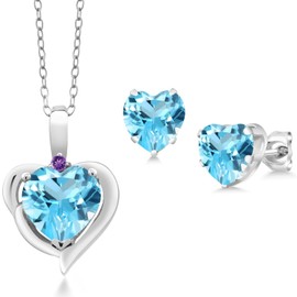 Gem Stone King 925 Sterling Silver Swiss Blue Topaz and Purple Amethyst Pendant Necklace Earrings Set For Women (4.22 Cttw, Heart Shape 8MM and 6MM, with 18 Inch Chain)