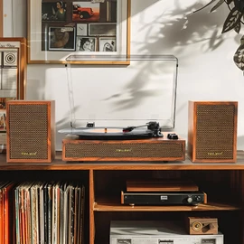 Vinyl Record Player with External Speakers, 3 Speed Vintage Stereo Turntable for Vinyl Records, Bluetooth Input, Auto Stop & Belt Driven System, RCA Out and Aux in - Brown