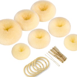 Teenitor Blonde Hair Donut Bun Maker Set, 7pcs Hair Donut Bun Ring with 5pcs Doe Beige Elastic Hair Bands with 20pcs Gold Hair Pins, Hair Bun Doughnut for Ballet Girls Kids, Extra Large Medium Small