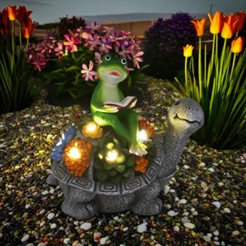 VV-Ladybug Solar Garden Outdoor Statue of Turtle Carrying Frog with Succulents and 5 LED Lights - Lawn Decorative Turtle Statue for Patio, Balcony and Yard Decoration - Unique Housewarming Gift