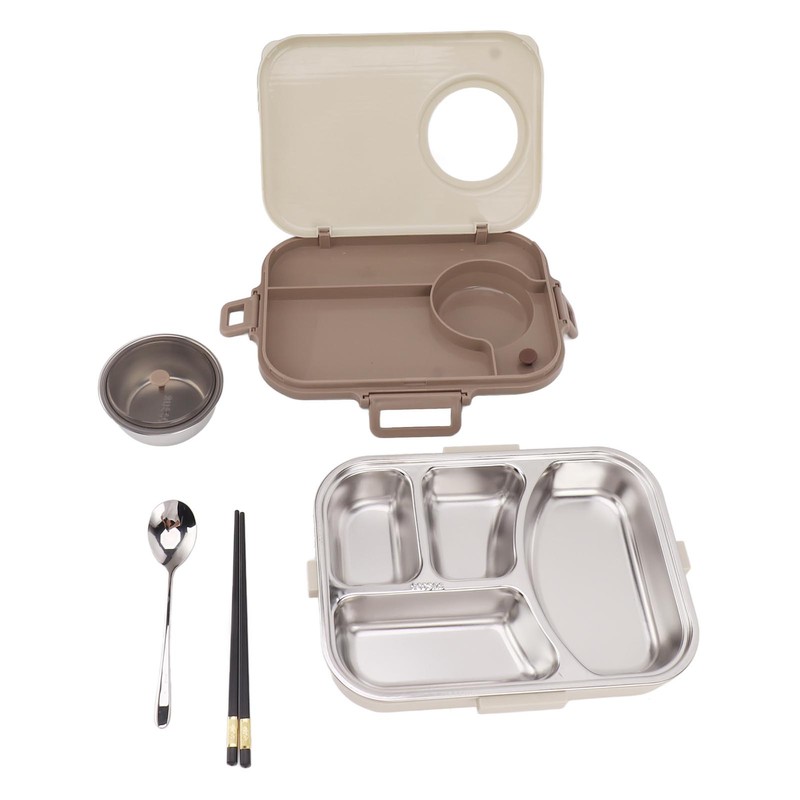Stainless Steel Lunch Box with Soup Bowl Spoon Chopsticks Beige