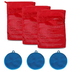3 Pack of Microwave Potato Bag Kit, with 3PCS Silicone Vegetable Scrubber Brush, Reusable Baked Potato Pouch and Multipurpose Silicone Dish Sponge (Blue)