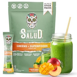 Salud 2-in-1 Greens Powder + Superfood Drink Mix Packets, 20+ Fruits and Veggies, Probiotics, Prebiotics, Supports Digestive Health, Bloating Relief, Vegan, Peach Mango (15 Servings)
