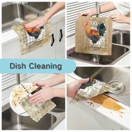 CaTaKu Farm Rooster Vintage Kitchen Dish Cloths, 6 Pack Reusable Dish Rags for Washing Dishes, Microfiber Cleaning Cloths Dish Towels Washcloths for Kitchen Drying