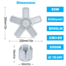 HZSANUE B22 Bayonet LED Garage Light 80W, 3500K Warm White 9000Lm Deformable Workshop Lamp with 5 Adjustable Panels, LED Ceiling Lighting, for Garages, Basement, Warehouse, Attic, Gym (Pack of 1)