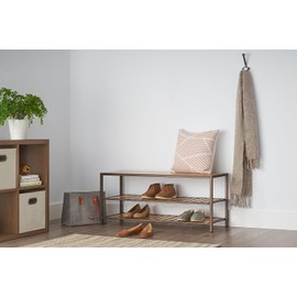 TRINITY 3-Tier Bamboo Top Bench, Shoe Organizer for Closet or Entryway Stores Up to 12 Pairs of Boots, Sneakers, Heels, and More, Natural Finish, Bronze Anthracite, 14" x 42" x 18"