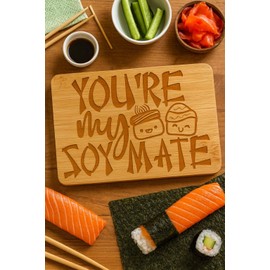 Sushi Kawaii Cute Designs Wooden Cutting Board, Kitchen Serving Board (You're My "Soy" Mate)
