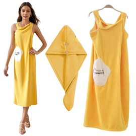 Defresit Bath Wrap Towel with Straps - Adjustable Closure Soft with Hair Towel Shower Wrap Dress Coral Velvet Bath Skirt Wrap Around Towel (Yellow)
