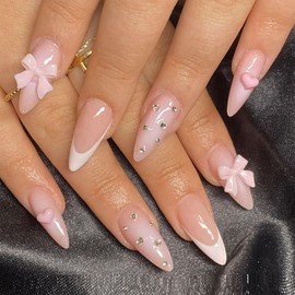 IQXGE French Tip Press on Nails Almond Medium Light Pink Glossy Fake False Nails Press ons Full Cover Artificial Stick Glue on Nail White French Diamonds Bow Charms Design Fake Nail 24Pcs for Girls
