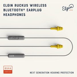 Elgin Ruckus Wireless Bluetooth Earplug Headphones, 25 dB NRR, Noise Canceling Mic, 12-Hour Battery, IP65 Sweatproof, Compliant with OSHA Hearing Safety Standards