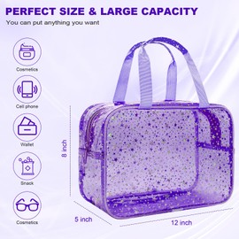 Junesters Clear Purple Star Large Makeup Bag with Star Pattern 12x5x8 inch, Travel Cosmetic Bag with Handle, Durable PVC Material Washbag Zipper Opening Design for Makeup Travel Organizer or Gym Use