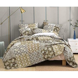 DaDa Bedding Bohemian Cotton Real Patchwork Quilt Bedspread - Moroccan Dreams Floral Paisley Olive Green Brown - Multi-Colorful Golden Quilted Coverlet Set - King - 3-Pieces