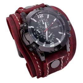 MINILUJIA Handmade Men Watches Vintage Punk Hip-hop Gothic Wide PU Leather Fashion Cuff Round Dial Quartz Wristwatch Big Dial Black Brown (red)