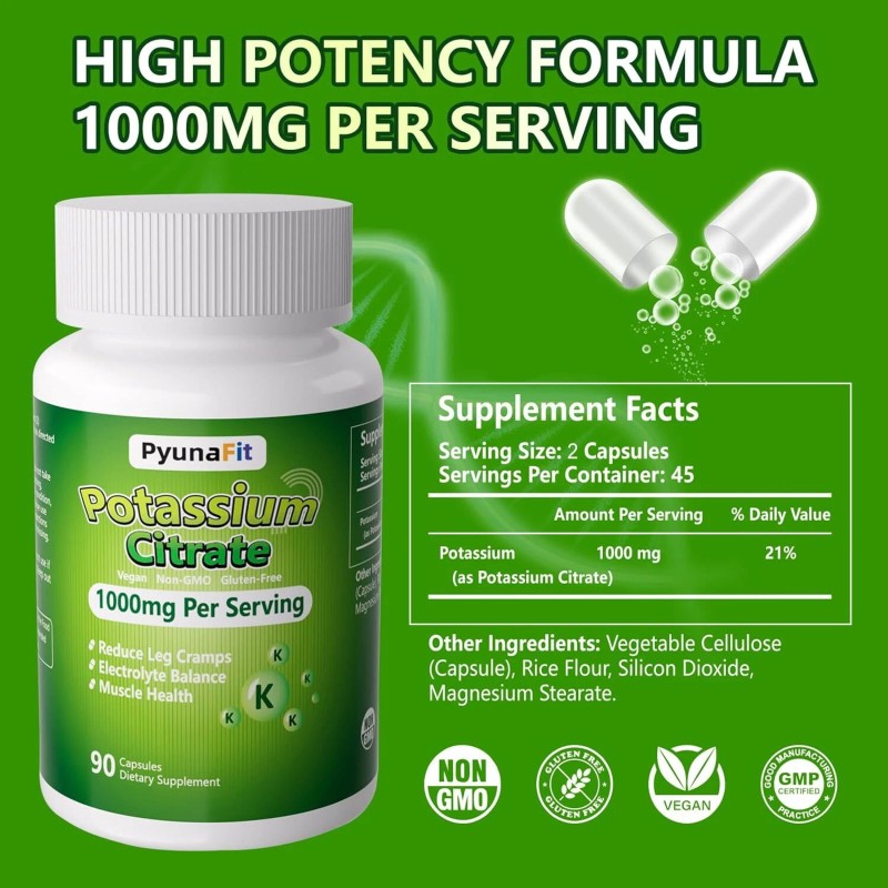 PYUNAFIT Potassium Supplement 1000Mg – High Potassium Citrate for Leg