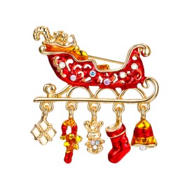 EVER FAITH Austrian Crystal Enamel Sleigh Car Candy Cane Stocking Gift Box Brooch Red Gold-Tone
