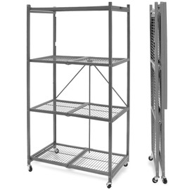 Origami R5 4-Shelf Heavy-Duty Folding Storage Rack, Pewter - Large Foldable Metal Shelving Unit with Wheels for Garage, Pantry, Basement, Laundry Room or Warehouse
