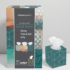Ultra Soft Facial Tissues – 3-Ply, 84-Count per Box, 12-Pack (1,008 Tissues Total), Upright Cube Box, Hypoallergenic & Strong.