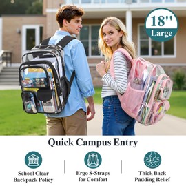 PACKISM Clear Backpack with Small Insulated Lunch Bag and Ice Pack - 18 Inch Extra Large Heavy Duty Bookbag with 3 Front Pockets, See Through PVC Transparent Backpacks for School, Black (Age 12+)