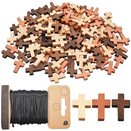 Saijer Wood Cross Pendants,150 PCS Natural Wood Cross with 1 Roll 20M Waxed Polyester Cord 3 Color Blessing Cross Charm Spacer Beads Mini Cross Beads for Party Sunday School DIY Craft Jewelry Making