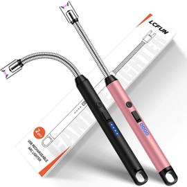 Upgraded 2 Pack Electric Candle Lighter with 360° Flexible Neck & Safety Lock, Windproof USB Rechargeable Flameless Arc Long Lighters for Grill, BBQ, Camping, Fireplace, Stove (Black & Rose Gold)