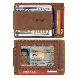 Toughergun Minimalist Wallet for Men with Magnetic Money Clip Leather Slim Wallet, Credit Card Holder RFID Blocking Front Pocket Holds Cash and Cards (Deep Brown)