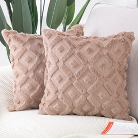 Madizz Set of 2 Soft Plush Short Wool Velvet Decorative Cushion Covers Luxury Style Throw Pillow Cases Pillow Shell for Sofa Bedroom Square Light Brown 20x20 inch, 50x50 cm