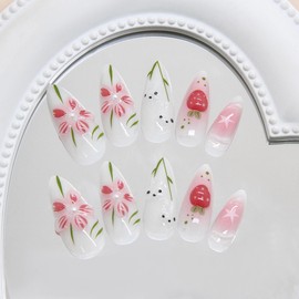 MERVF Almond Press on Nails Medium Fake Nail Red Aura Glue ons 3D Flower Rabbit Strawberry Design Stiletto Acrylic Cute Kawaii Bow Art Glossy 24pcs Easter