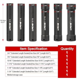 LLNDEI 1/2 Inch Drive Extended Length Impact Socket Set 6PCS Extra Deep Socket Set Include Sizes 3/4", 7/8", 15/16", 1-1/16", 1-1/8", 1-1/4" for High Torque Use