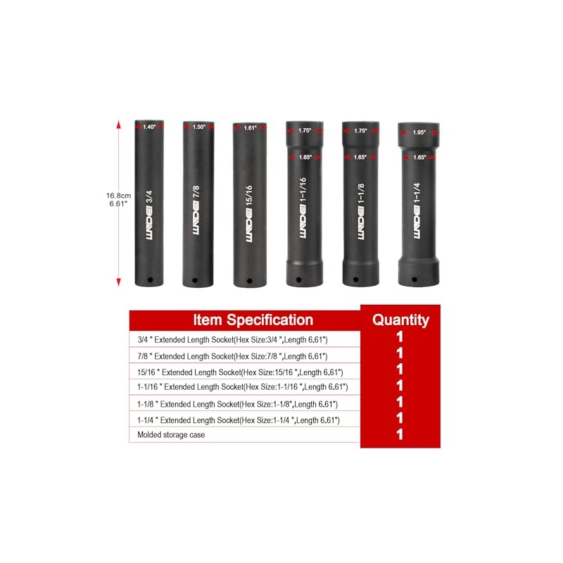 LLNDEI 1/2 Inch Drive Extended Length Impact Socket Set 6PCS