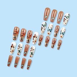 Press on Nails Long Coffin Fake Nails with Flower Butterfly Designs Spring Summer Nails Glue on Nails Glossy White Brown Acrylic Full Cover Coffin Nails False Nails Tip Stick on Nails for Women 24PCS