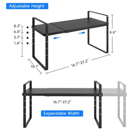 KIKIBRO Expandable Cabinet Shelf Organizer, Stackable Kitchen Pantry Counter Storage, Adjustable Closet Cupboard Stand Rack Risers Spice Organization 80LBS Heavy Duty Black Large 1 Pack