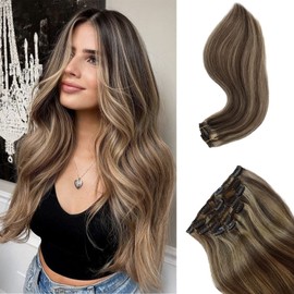 Hair Extensions Clip in Human Hair, OiMiGO Clip in Extensions, Blonde Highlighted Human Hair Straight Medium Brown with Caramel Blonde 7 Pieces 18 Inch 70g Invisible Silky Clips Clip on Extension