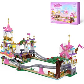 2 in 1 Castle Roller Coaster Building Set, 749 Pcs STEM Amusement Park Construction Kit for Kids, Pink Playground Blocks Birthday Gift Toys for Girls Ages 6 8-12