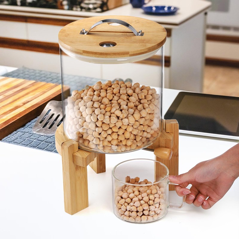 Tlence 5L Glass Rice Dispenser, Cereal Container with Bamboo Stand,