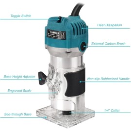 110V Router Tool, 800W Wood Trim Router, 30000RPM Electric Hand Trimmer, Palm