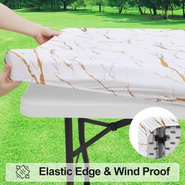 misaya Rectangle Vinyl Flannel Backed Tablecloth, Elastic Waterproof Fitted Table Cover, Plastic Table Cloth Fit 5 Foot Folding Tables for Picnic, Camping, Outdoor (White Gold Marble, 30x60 inch)