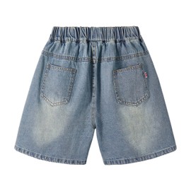 Rolanko Girls' Jeans Shorts, Elastic Waistband, Summer Ripped Hot Short Jeans with Pockets for Children, embroidery heart