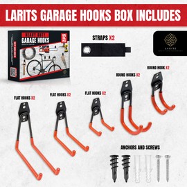 LARITS Garage Hooks for Hanging - 12 Garage Storage Hooks and 2 Cord Straps- 14-Piece Set
