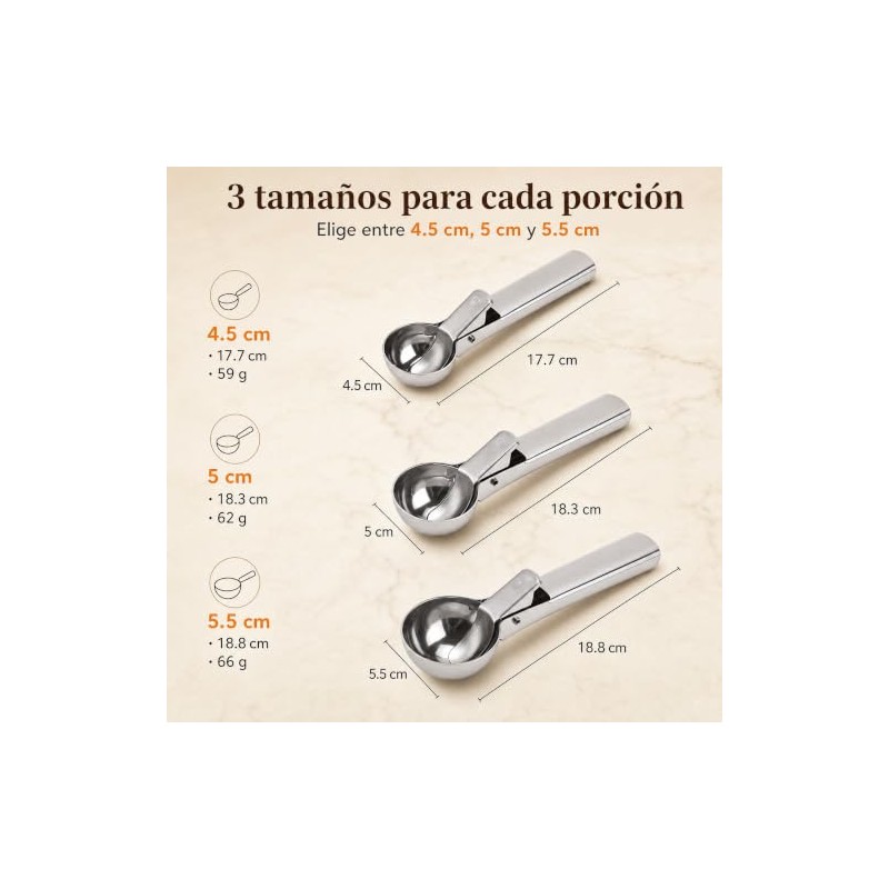 Cucharas de Helado de Acero Inoxidable, 3 Piezas, Tamaños 4.5,