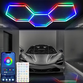 Gneng RGB Hexagon Lights - Smart LED Hexagon RGB Lights, RGB Hexagon LED Lights with 4 Music Modes, Dimmable RGB Hexagon Garage Lights for Garage Decoration Game Room Gym Room Decor