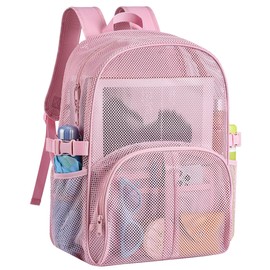 Heavy Duty Mesh Backpack for School, 30L Extra Large See Through Mesh Bookbag for Adults with Comfort Padded Straps for School, Beach, Swimming, Fitness, Sports(Pink)