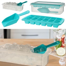 Ice Cube Tray 4 Pieces Polypropylene Turquoise Transparent 26 x 7.5 x 13 cm Box Lid Mould Scoop (1 x Set of 4 Ice Cube Tray)