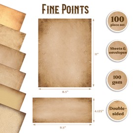 Better Office Products Aged Paper Stationery, 100 Piece Set (50 Sheets + 50 Matching Envelopes), Vintage Antique Old Fashion Parchment Paper, Letter Size 8.5 x 11", 6 Designs, Double Sided Paper,